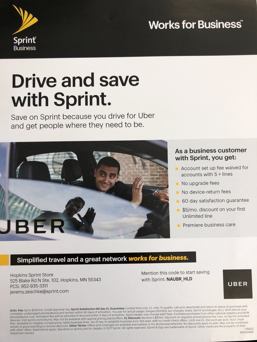 Sprint works for business. Drive with <a href="/Uber/">Uber</a> and save with @Sprint #benefits #dicsounts #nobrainer
