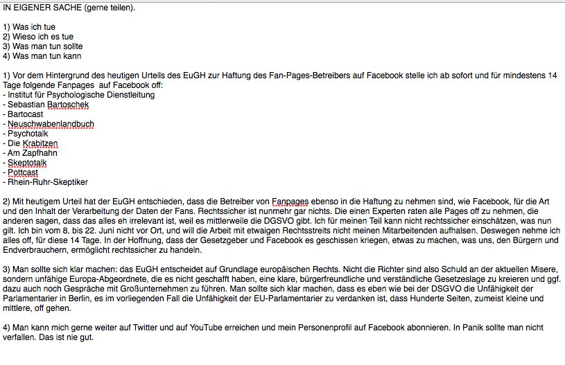 IN EIGENER SACHE: was ich im Kontext des #EuGH_Urteil zu #Fanpages tue.