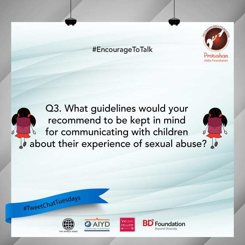 NGOProtsahan's tweet image. Ok, moving on to the next question @ArtForCause:
Q3. What guidelines would your recommend to be kept in mind for communicating with children about their experience of sexual abuse? #EncourageToTalk #CSA
@msri22 @HAQCRC @thebetterindia @vivalavida_365 @scroll_in