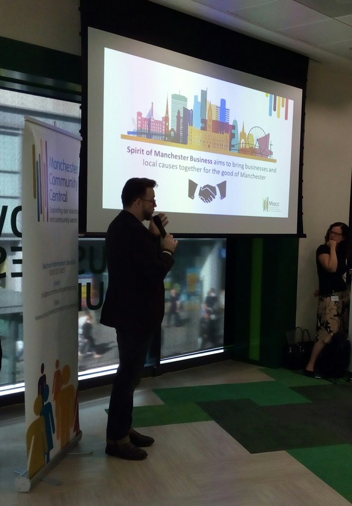 SkillGivers's tweet photo. @MikeWildMacc talking about the importance of thinking differently about how #VCSE groups and businesses work together. At Macc we have lots of different ways to support this! #ShowYourSpirit #skillgivers #heyvcm  @SoMcrBusiness https://t.co/vupf90oNll