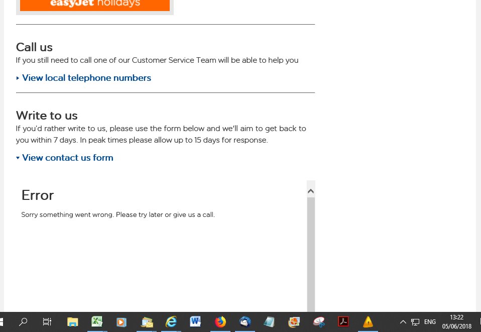 SueH1234's tweet photo. @easyJet Lara advised me to use the contact us form so after another hour I filled it in and uploaded all the attachments. when I clicked send I got this https://t.co/m8SMvJGKJm