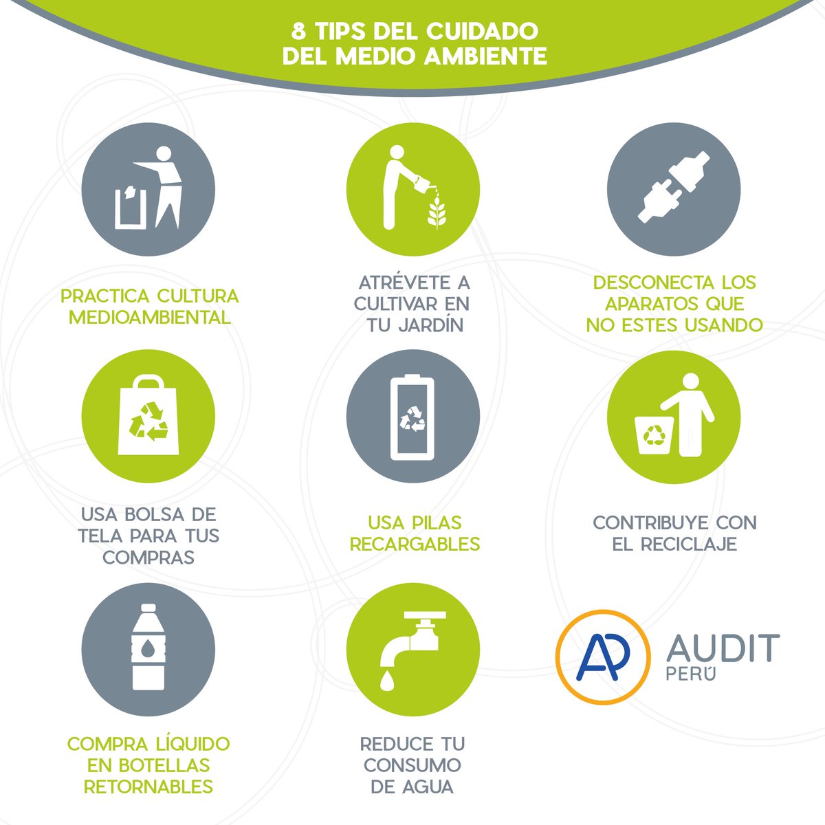 En #AuditPerú hoy celebramos el #DiaMundialDelMedioAmbiente con 8 datos que nos ayudarán a seguir contribuyendo con la lucha constante de la conservación del medio ambiente.

#MarLimpio #NoContaminación #MedioAmbiente #SistemGestiónAmbiental #SistemaDeGestión #ISO14001
