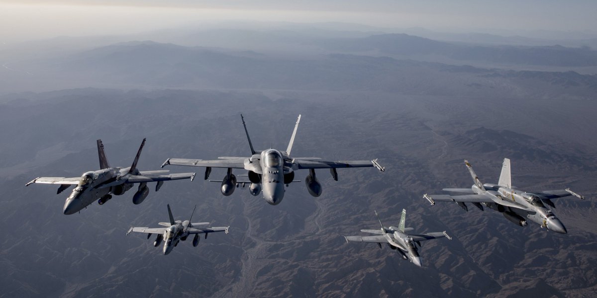 USMC's tweet image. The Swarm
 
Hornets with Marine Aircraft Group 11, @3rdmaw ,
fly in a formation along the Pacific Coast in Southern California.