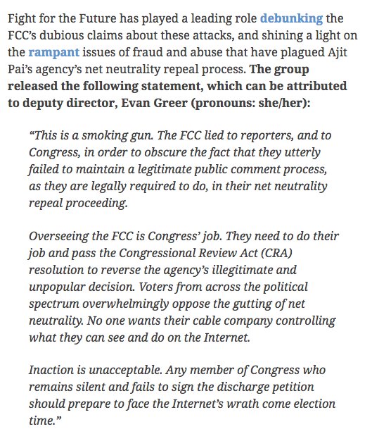 fightfortheftr's tweet photo. STATEMENT: Internal emails prove once and for all that the FCC lied to reporters, and Congress, about alleged DDoS attacks that prevented #NetNeutrality comments following John Oliver segments: https://t.co/JcWgNL0qLn https://t.co/bA3GAnKIHm
