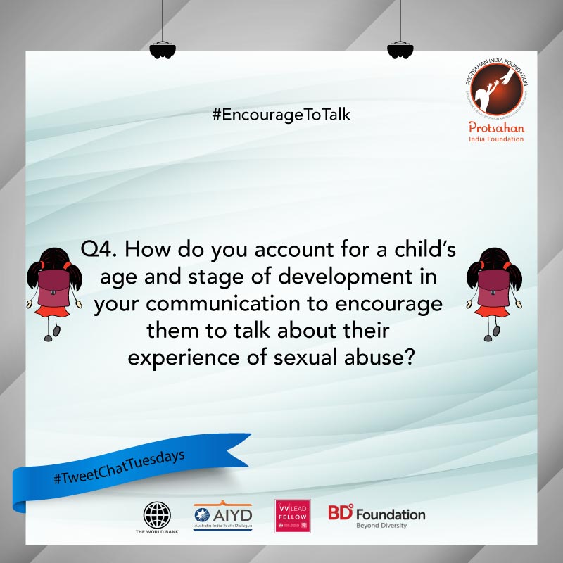 NGOProtsahan's tweet image. Next question @ArtForCause 
Q4. How do you account for a child’s age and stage of development in your communication to encourage them to talk about their experience of sexual abuse? #EncourageToTalk #CSA
@TheRedElephnt @thebetterindia @NCPOC_In @vivalavida_365 @Mathugz