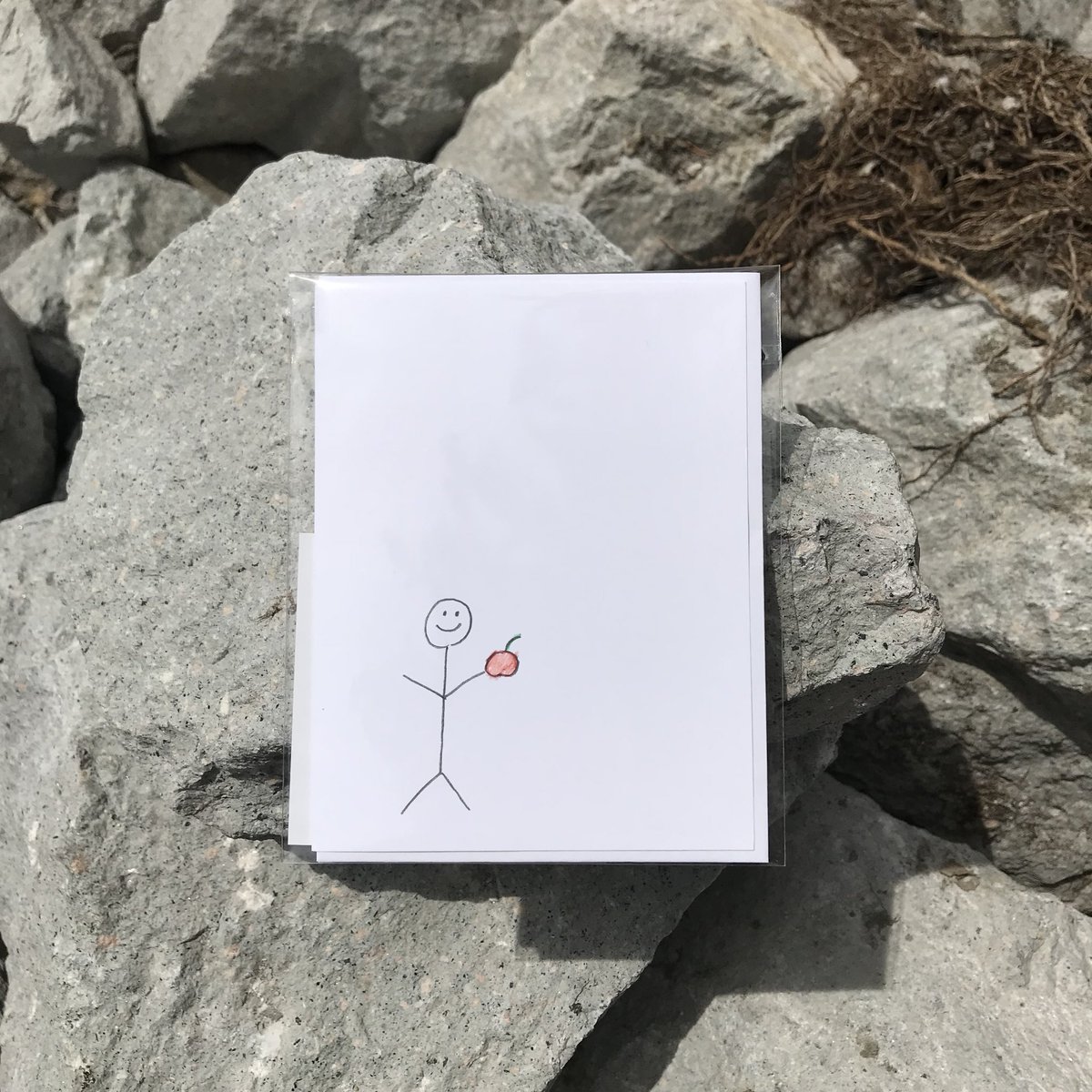 stickpplcards's tweet photo. After a whole year of dealing with you, your teacher deserves the best card possible. This is a hand drawn card of a stick person holding an apple. $2 donated to @doWorkorg to send kids to school in Haiti. #stickpeoplecards https://t.co/xxncw2I1JE