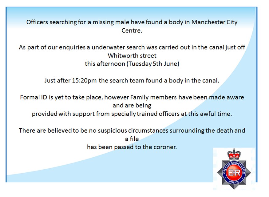 Officers searching for a missing male find a body in the Rochdale canal. Update below: