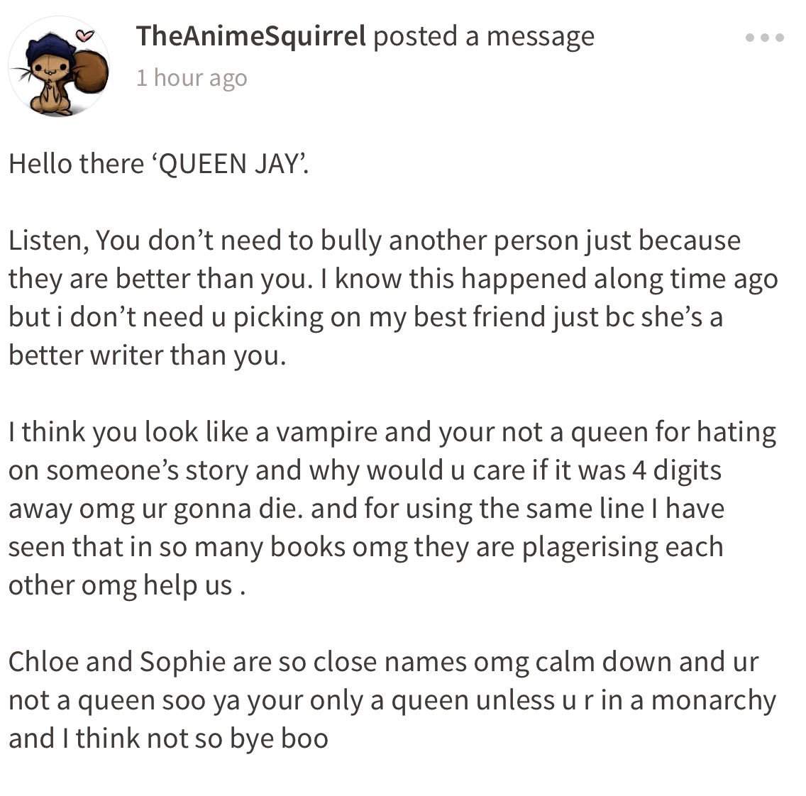 _jaycae's tweet photo. Iβm not a queen because Iβm now a vampire π
Why are people like this? If you copy a story, you copy a story. End of the line. Plus, when did I ever bully anyone? π€£ IβM DYING.
#Wattpad #JustWhyTho #amwriting https://t.co/YHHWYyC2Ya