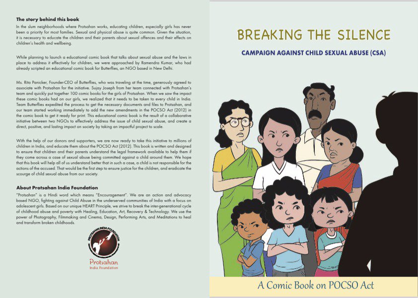 ArtForCause's tweet image. We at @NGOProtsahan have collaborated with Butterflies and re-edited and re-printed the comic book that uses powerful visual storytelling tool to understand provisions of #POCSO, #CSA, and promoting the #EncourageToTalk culture to break the silence on the issue, for children.