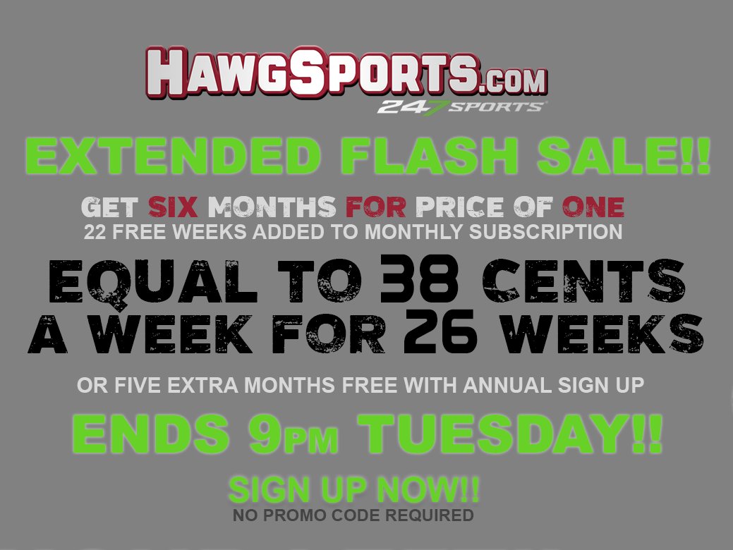 FLASH SALE: Only 6 hours left on the best offer we've ever put together in the 15 years of HawgSports. Sign up for a monthly or annual subscription & get 5 months free! It's 22 weeks (183 days) all the way through the college football regular season! #wps: 247sports.com/college/arkans…