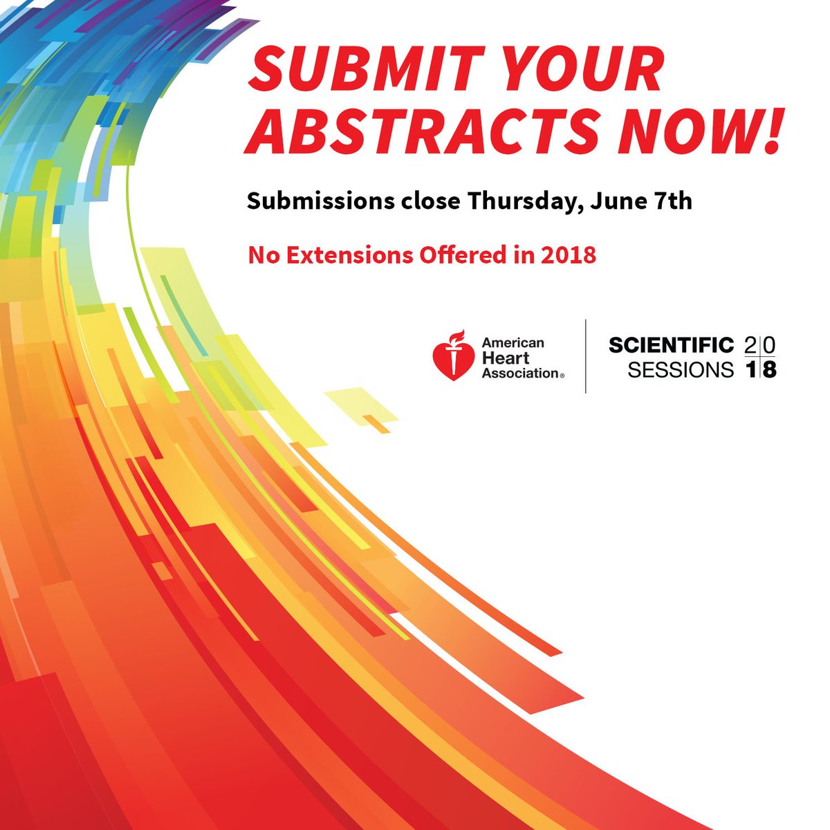 Only 48 hours left to submit abstracts to #AHA18! bit.ly/AHAAbstracts

#CardioTwitter #heartdocs #Cardiology #cardiovascular #cvnurse #heartfailure #cvd #ictus #Hipertension #FibrilacionAuricular #STEMI #EchoFirst #carrotsquad #AFib #LVAD #TAVR #HeartDisease #AHA2018