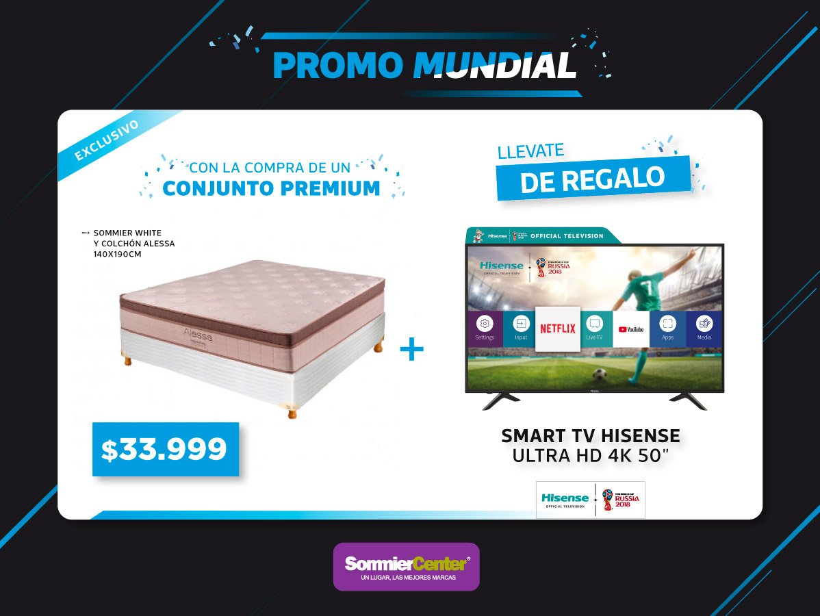 #PromoMundial Comprá un sommier premium y te llevás DE REGALO un Smart TV 4k de 50 pulgadas!! Acá tenés uno de los productos participantes de la promo--> sommiercenter.com/promo-mundial/…