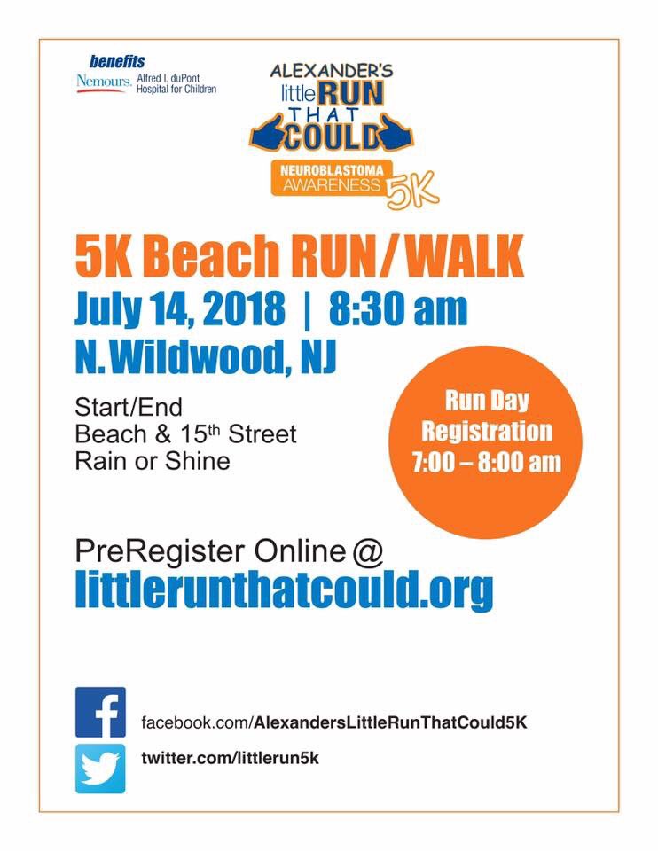 LittleRun5k's tweet image. @LittleRun5k 2018 Alexander's Little Run That Could #5K July 14th #ALRTC #Neuroblastoma #Awareness #Beach #NorthWildwood @Nemours @AIDHC @DoWildwoodNJ