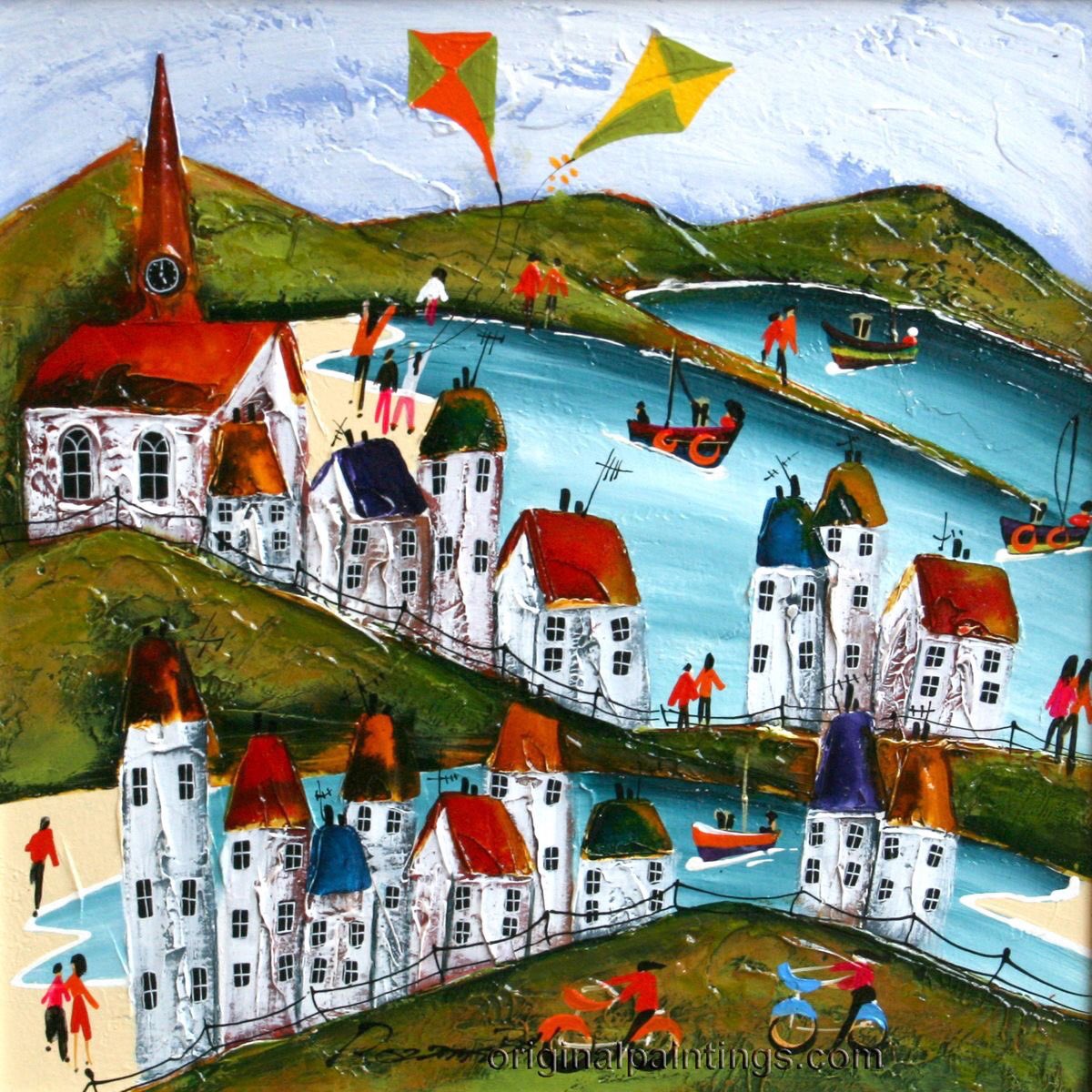 Rozanne  Bell is the artist of this jaunty painting ‘Kites and Bikes’ She’s a Dorset based artist of colourful Countryside capers and sea side spray.