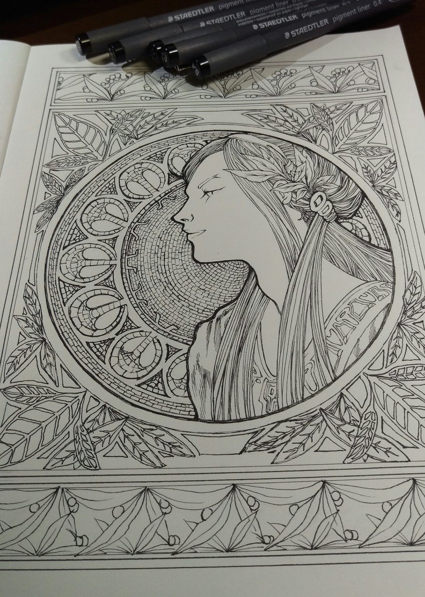 Ichi Opera Sur Twitter ミュシャ風 ペン入れちう 細かくてくじけそうだけど あと少し ミュシャ デッサン イラスト 絵描きさんとつながりたい