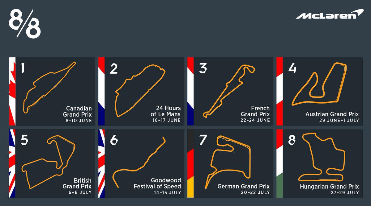 Clear your diaries and get set for the ultimate run of racing with eight weeks of back-to-back motorsport, starting with this weekend's #CanadianGP: mclrn.co/8Weeks 📅👊
