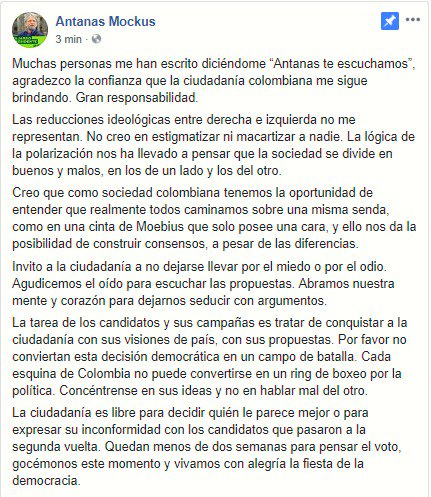 AntanasMockus's tweet image. Muchas personas me han escrito diciéndome “Antanas te escuchamos”, agradezco la confianza que la ciudadanía colombiana me sigue brindando. Gran responsabilidad.

Leer más en la imagen ⬇️