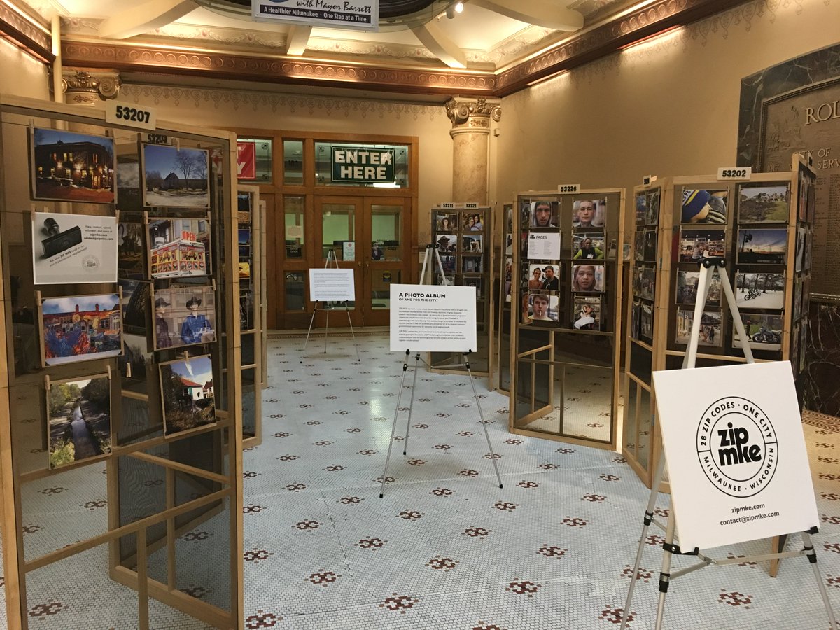 cityofmilwaukee's tweet photo. Check out the #zipmke display that uses images to celebrate all 28 zip codes in the city. 1st floor of City Hall. https://t.co/BVIyMifGhP https://t.co/9WAObyMX4G