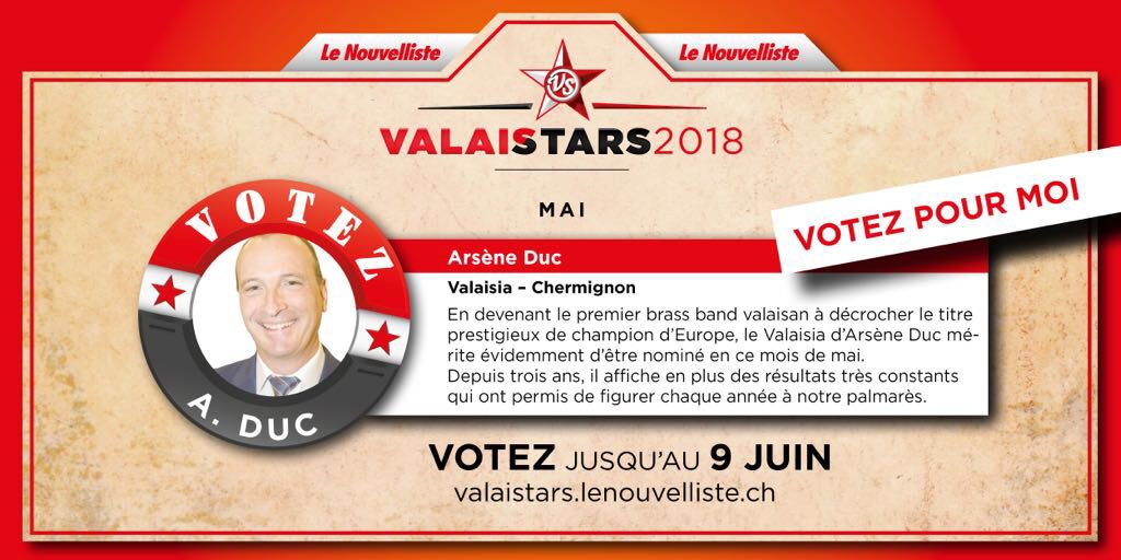 Notre directeur Arsène Duc compte parmi les nominés ValaiStars du Nouvelliste pour le mois de mai ! Votez et faites voter pour lui en cliquant sur le lien ci-dessous 😋🎺

bit.ly/2HlRMvR
