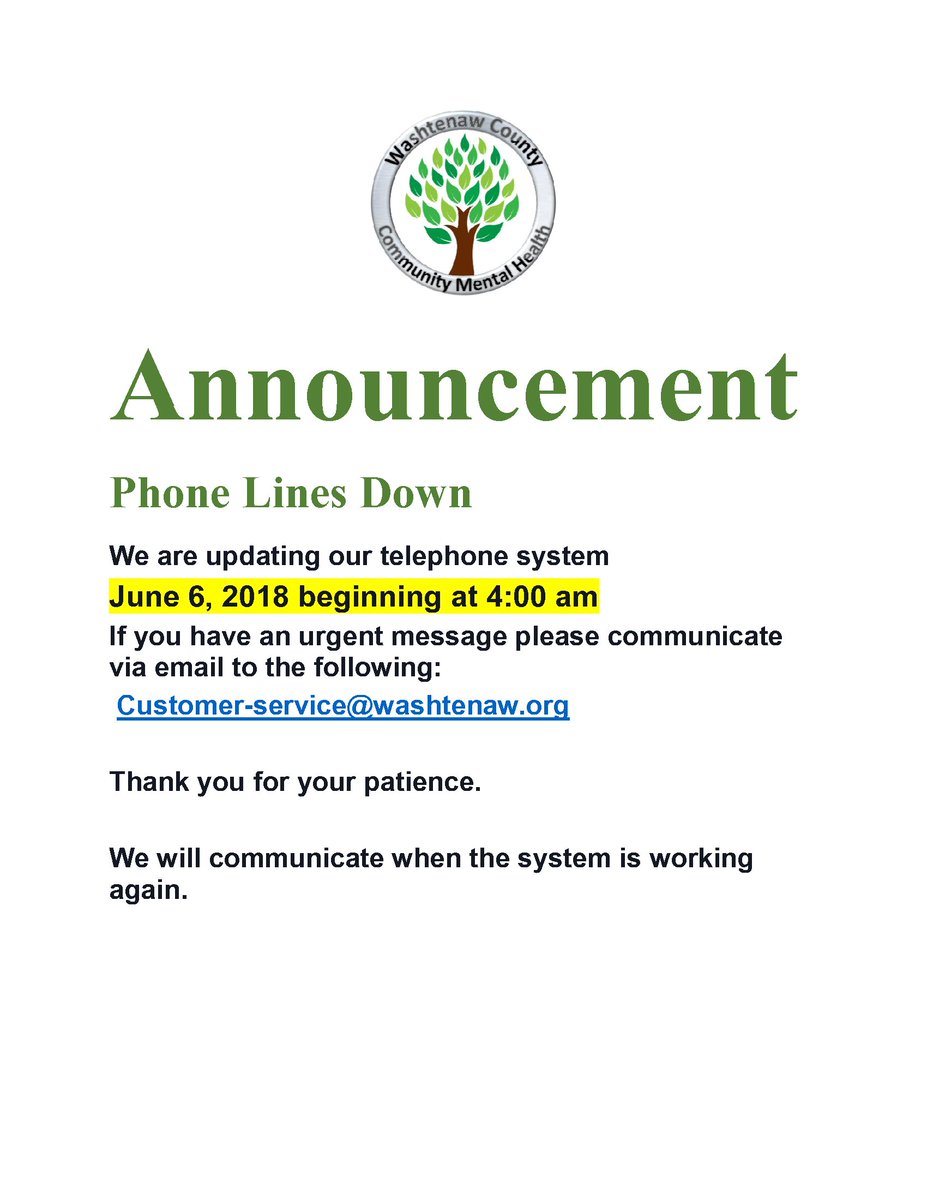 ANNOUNCEMENT! We are updating our telephone system on 6/6/2018 beginning at 4:00 am. After that point, the phone lines will be down. We will communicate when the system is working again.

Thank you for your patience!