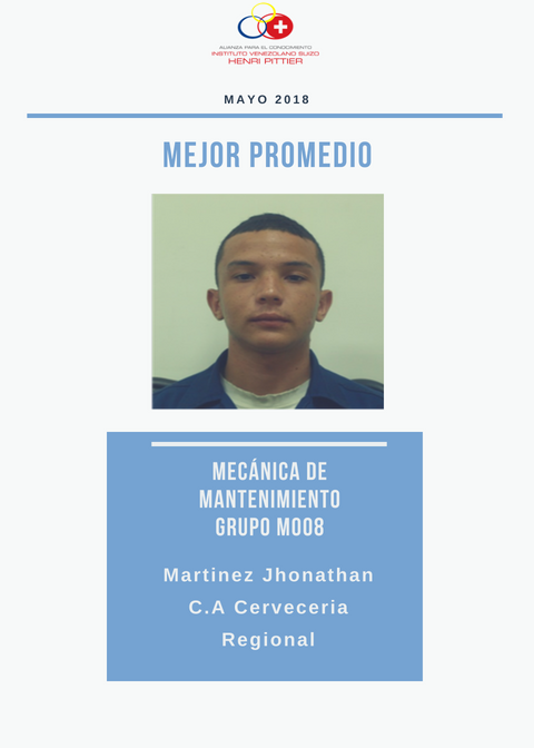 Cada mes en el Instituto Venezolano Suizo Henri Pittier, reconocemos la mejor asistencia y el mejor promedio.
Felicitamos a JHONATHAN MARTINEZ del grupo M008 por ser el MEJOR PROMEDIO del mes de mayo!
Y a DARWIN GOMEZ del grupo M007 por ser la MEJOR ASISTENCIA del mes de mayo!