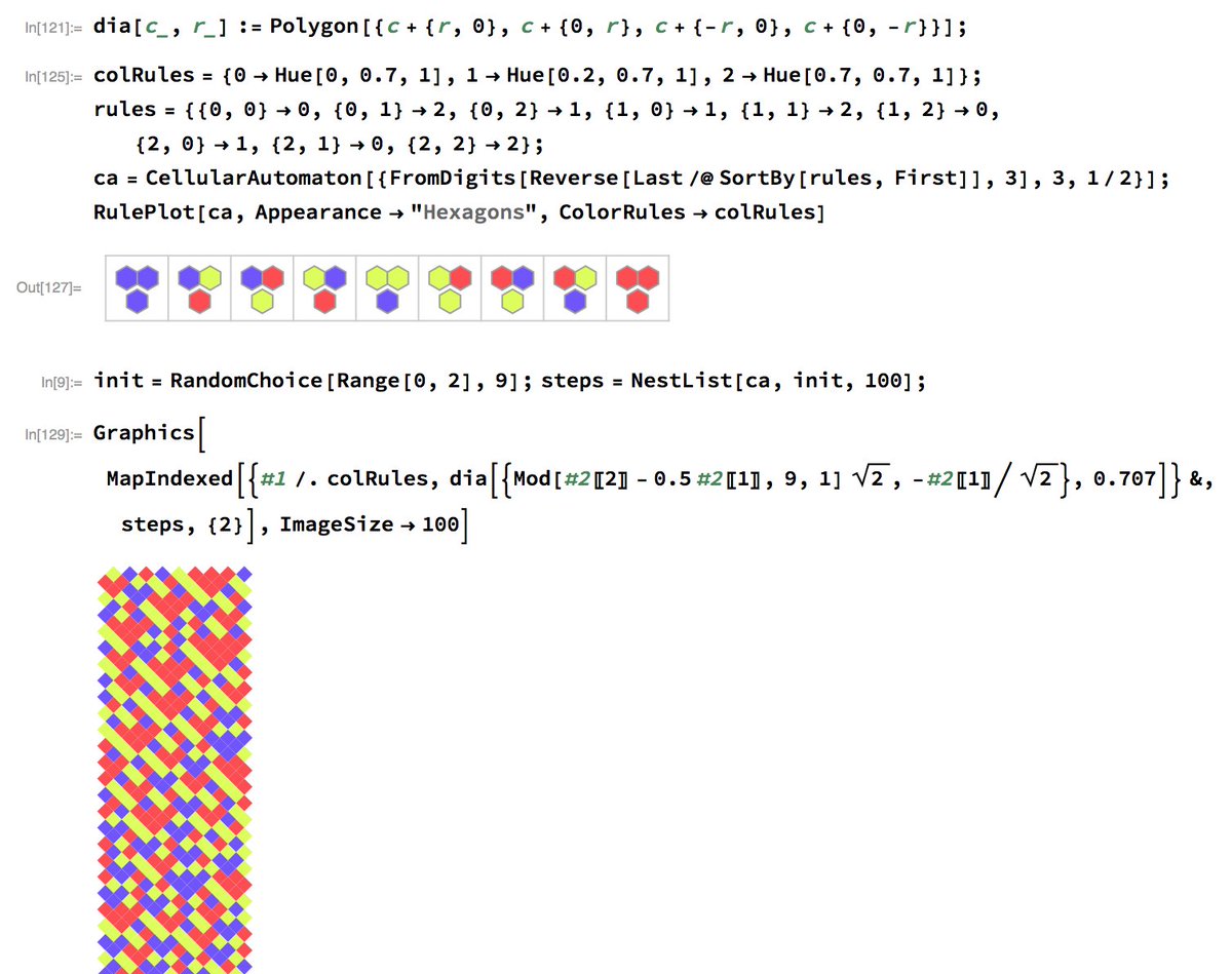 CmonMattTHINK's tweet photo. In the calm before the storm (math exams are tomorrow), I'm trying to figure out how to tell whether a given 1-dimensional cellular automaton can be turned into a (realizable) friendship bracelet pattern. #iteachmath #mathart #Mathematica https://t.co/0pxp1lTiu4