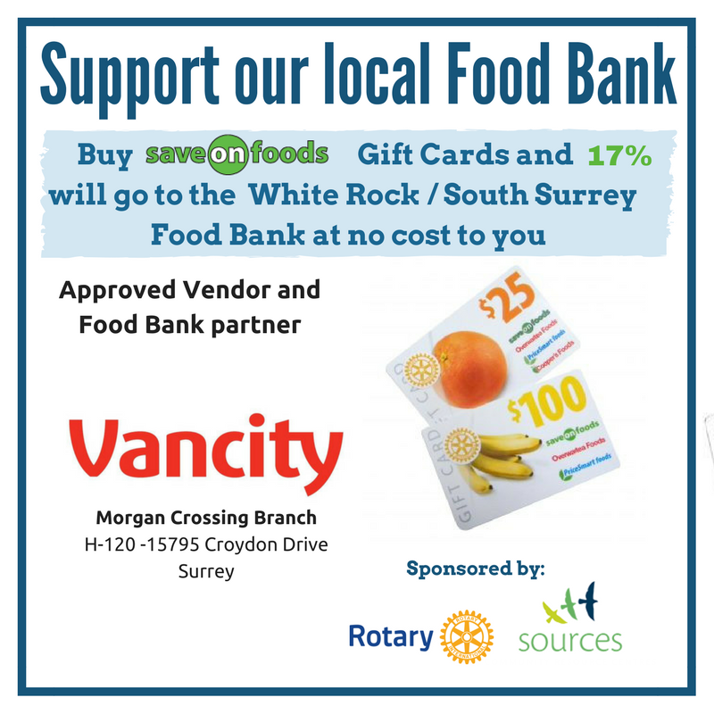 SourcesBC's tweet photo. Out &amp; about running errands? 🛍 Be sure to make a stop by @Vancity – @TheShopsatMC to pick up your Rotary @saveonfoods Gift Card! Shop w/ these Gift Cards 🛒 &amp; 17% of its value goes to our #WhiteRockBC/#SouthSurrey @ NO cost to you thanks to our generous #FoodBankFriends.🤗 https://t.co/7EonZ0Sk94