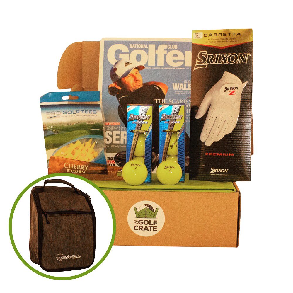 April Crate. ⛳️📦
National Club Golfer Magazine, Taylormade Shoe Bag &amp; Shoe Horn, Yellow Srixon AD333 Balls, Srixon Cabretta Glove, Castle Tees. 
#mygolfcrate #golf #golfcourse #golfcrate #golfsubscriptionbox #subscriptionboxes #golfstagram #taylormade #taylormadegolf #srixon