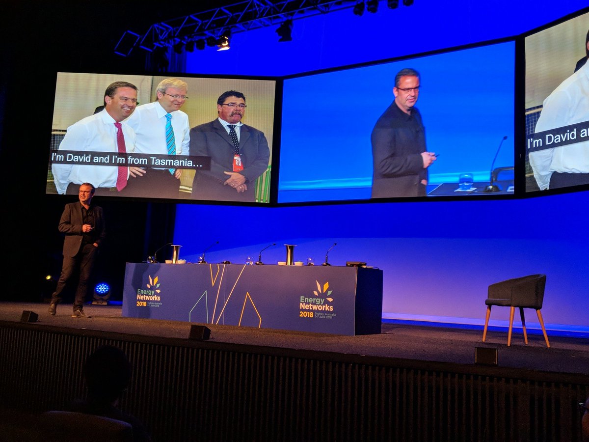 EnergyNetworkAu's tweet photo. Former Premier of Tasmania @Bartlett_DJ giving the #visioncritical address at @EnergyNetwork18 conference. #energy18 https://t.co/yuoB2XaDqE