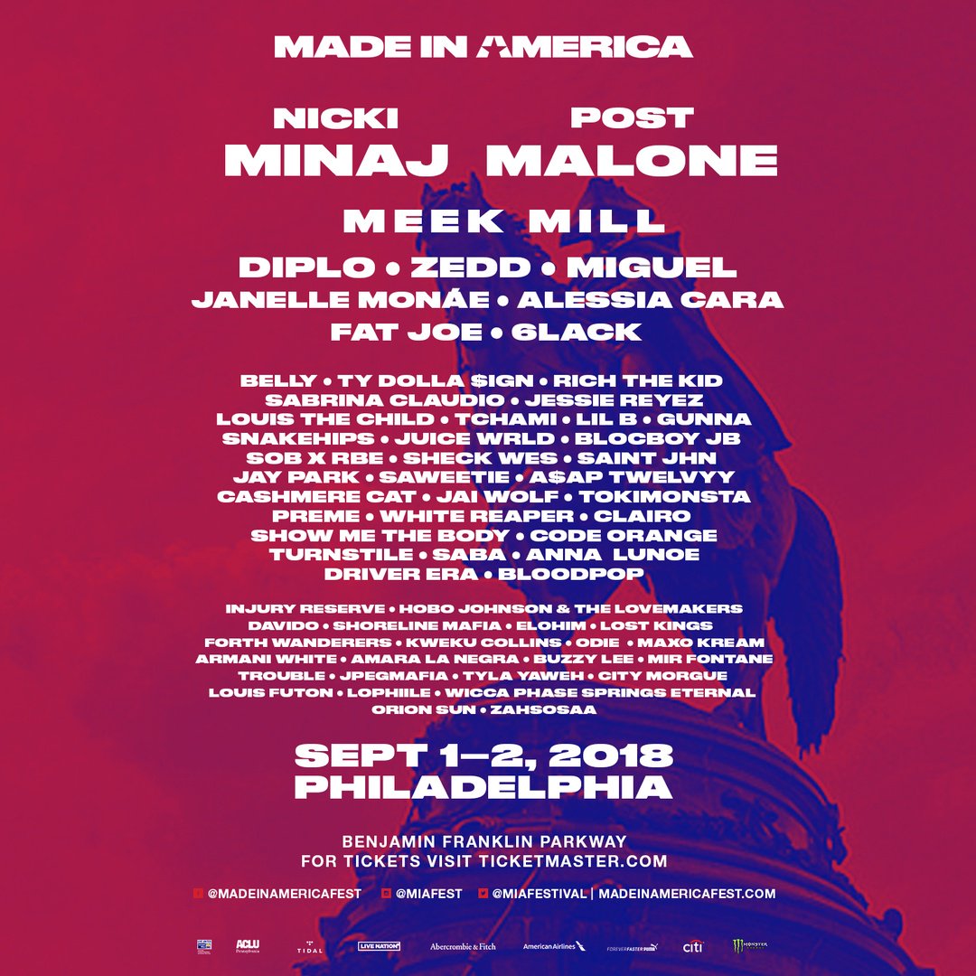 RepublicRecords's tweet photo. #MadeInAmerica 𝙇𝙄𝙉𝙀𝙐𝙋 𝘼𝙉𝙉𝙊𝙐𝙉𝘾𝙀𝘿 feat.

@NICKIMINAJ
@PostMalone
@reBELLYus
@bloodpop 
#CityMorgue 

Catch this year’s @MIAFestival by ordering your @TIDAL pre-sale tickets now on https://t.co/qwCCzPVb9f https://t.co/vB7ptZFfqk