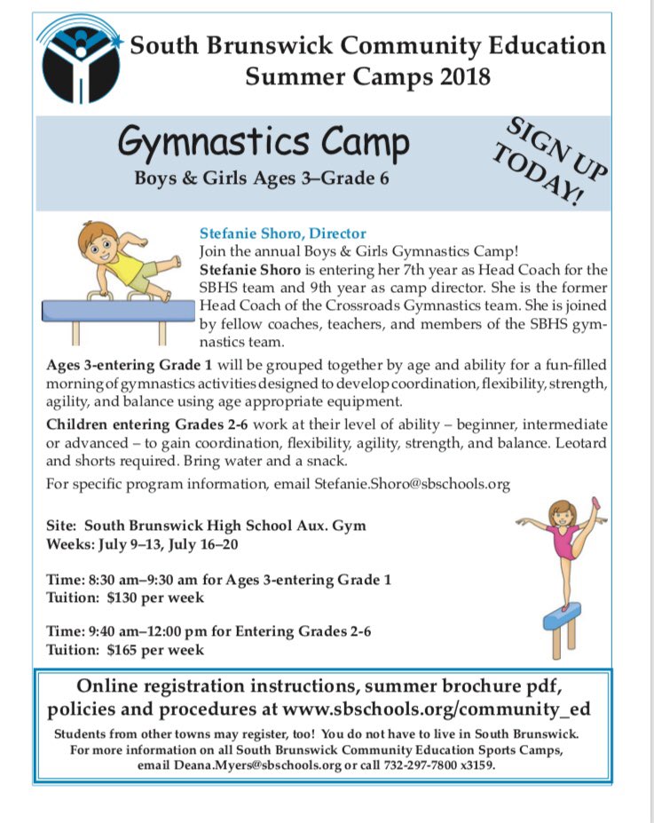 Looking for a way for your child to let out a little energy this summer? Enroll your child in gymnastics camp! Registration is now open for children ages 3-11 (preschool - 6th grade).  You don’t need to live in South Brunswick to join!