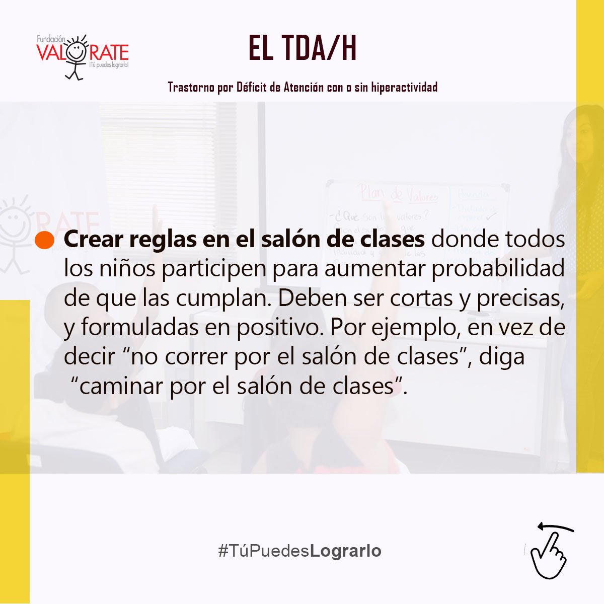 FValorate's tweet photo. Consejos para padres y docentes. Organización en el aula. Los niños con Trastorno por Déficit de Atención con o sin hiperactividad (TDA/H) necesitan de un ambiente estructurado y predecible #TipsFV #OrganizaciónEnElAula #TúPuedesLograrlo #JuntosPodemosLograrlo https://t.co/stuWdTNVJY