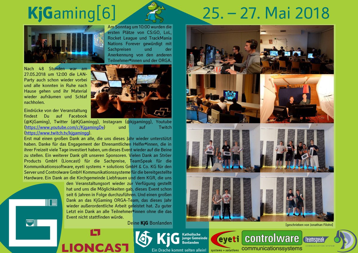 KjGamingg's tweet photo. Der Bericht zu #kjgaming6! Vielen Dank an die Sponsoren @LioncastDE, @teamspeak, #eyeti und @Controlware, die @KjGBonlanden, die Kirchengemeinde Liebfrauen, an das ORGA-Team und an alle Teilnehmer*innen! #kjg #kjgaming
#lan #lanparty #filderstadt #games #gaming #pc #server https://t.co/be1EJqGw4w