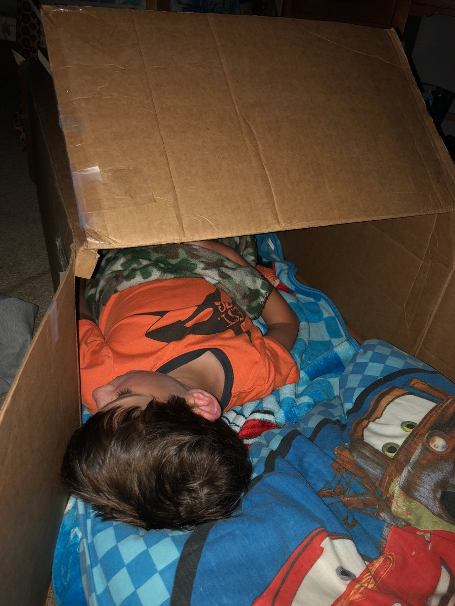 SleepBuddy's tweet image. This is my son - sleeping in a box. LOL!!  It's funny how things have  changed since my first years of motherhood. I NEVER would have approved  of this with my first! #itsthelittlethingsinlife #boyswillbeboys