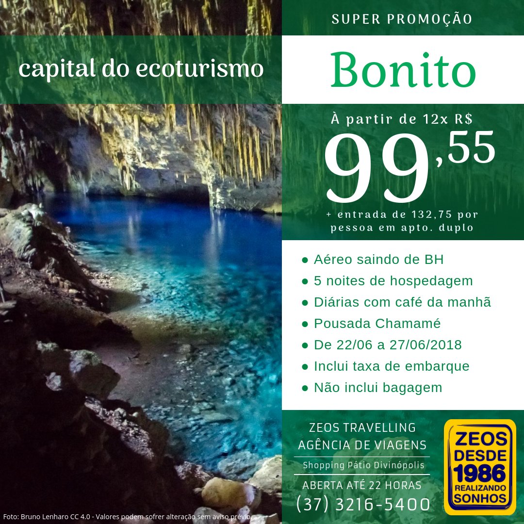 ZeosTravelling's tweet photo. Conheça Bonito com Aéreo BH + 5 noites + Café + Taxas à partir de 12x99,55 + 132,75 por pessoa na Zeos Travelling do Shopping até as 22h. Ligue 3732165400 ou https://t.co/NoEPeRpwMC #bonito #ecoturismo #diamundialdomeioambiente #divicity #divinopolis #zeostravelling https://t.co/u0FyE7jKZG