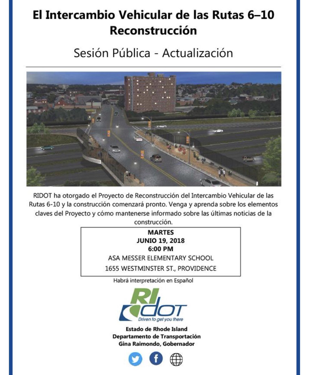 ProvPlanning's tweet photo. Join RIDOT on June 19 at 6pm at Asa Messer Elementary School to learn about key elements of the #610Connector project &amp; info re: construction schedule https://t.co/CykCQPpSZp