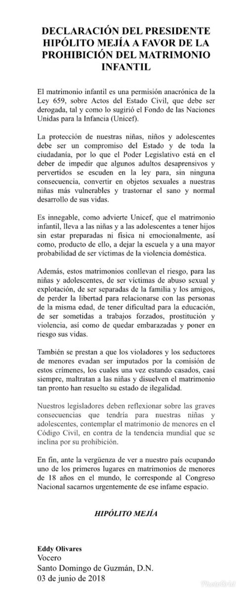EddyOlivares14's tweet photo. El Pdte Hipólito Mejía hace público su apoyo a la eliminación del matrimonio infantil en el Cód. Civil y reafirma su compromiso con un nuevo paradigma de Protección Integral de los derechos de la Infancia, tal y como lo hizo al promulgar la Ley 136-03.  @UNICEFRD @coalicionongrd https://t.co/D4u82Vphui