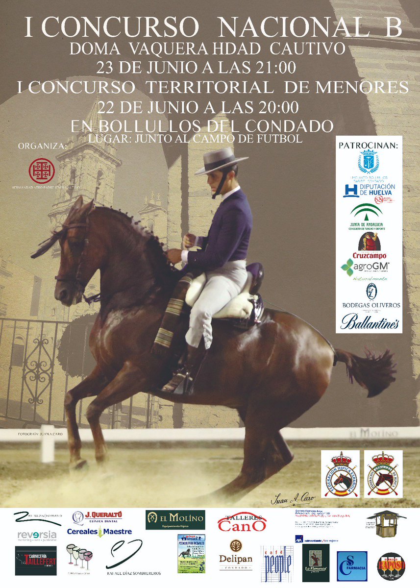 Os anunciamos que nuestra Hermandad organizará el "I Concurso Nacional B de Doma Vaquera Hdad. Cautivo" el próximo 23/06/2018 a las 21:00h en los terrenos anexos al Campo de Futbol. La jornada previa tendremos el Concurso Territorial de Menores.
+Info en bit.ly/2JrJEiq