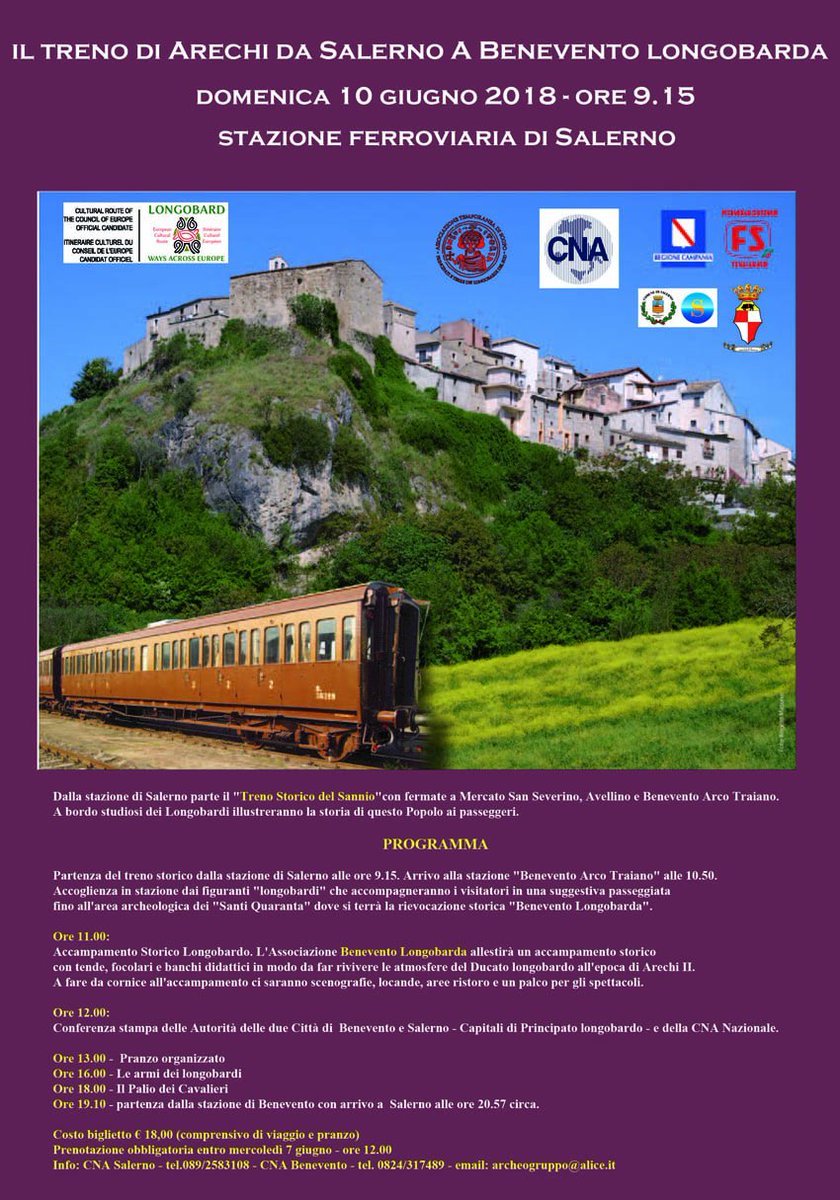 GASalernitano's tweet photo. Domenica 10 giugno 2018 - ore 9.15 - Stazione ferroviaria di Salerno 'il treno storico di Arechi'. Vedi programma allegato. 
Prenotazione entro e non oltre la data di giovedì 7 giugno c.a. ore 12.00 per ovvie ragioni tecnico-organizzative. https://t.co/QBVhXn6cWz