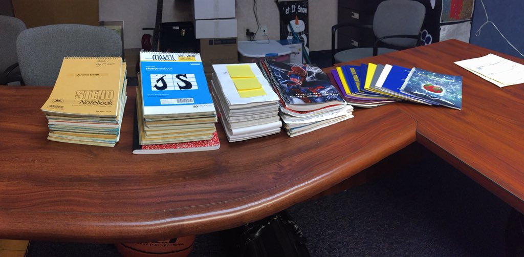 jeremies71's tweet photo. This is what 13 years of conversations, meetings, appointments, phone calls, documentation, notetaking, brainstorming, & more looks like. Book 1 Dated August 1, 2005 last book dated March 23, 2018. Wowza! #documenteverything #lotsofthoughts #principal #middleschool #moving https://t.co/d085heEZsj