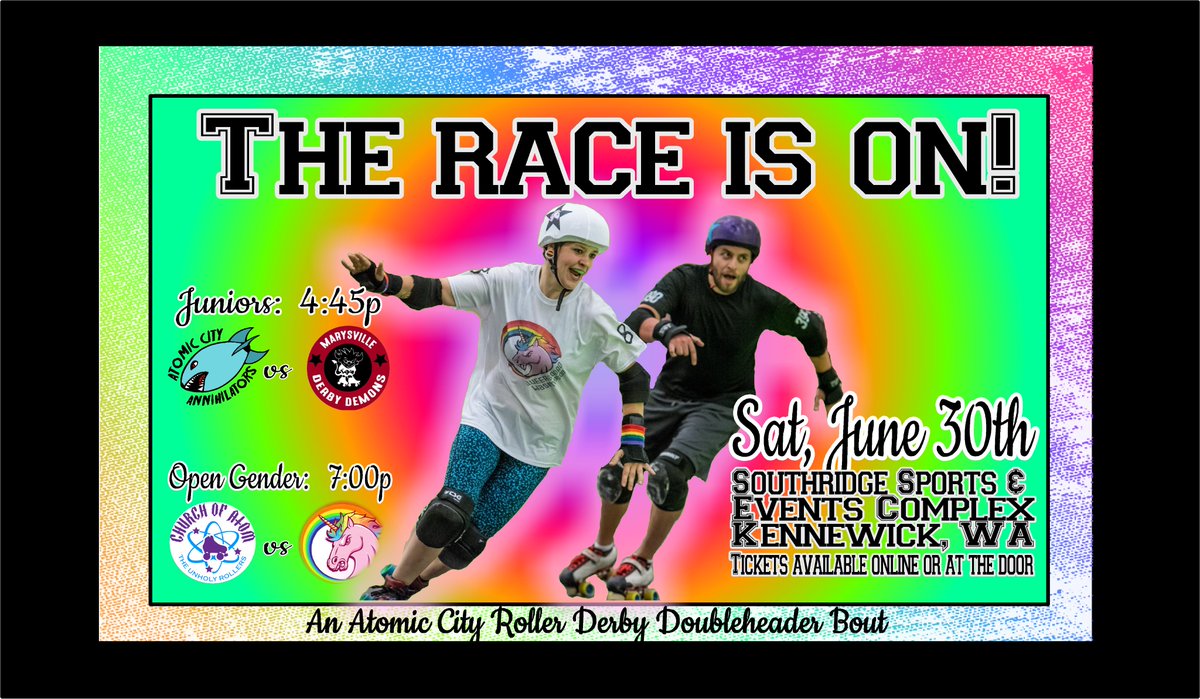 AtomicCityRD's tweet photo. Save the Date! June 30th. First Whistle at 4:45pm at Southridge Sports Complex in Kennewick, WA

#rollerderby #bout #QueerSquadWashington @MarysvilleDerbyDemons
#AtomicCityRD #ChurchOfAtom #AtomicCityAnnihilators https://t.co/KJDYswLw9N
