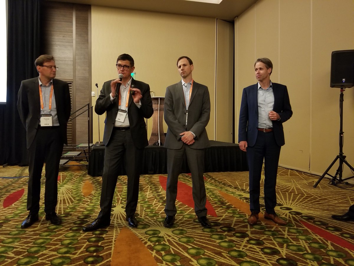 LabelAndNarrow's tweet image. Thomas Klein (L), Philippe Adam, Andy Warnement, and Udo Panenka of @Eskocompany answer questions at an #EskoWorld press conference. #AutomationEngine #WebCenter #PackagingConnected