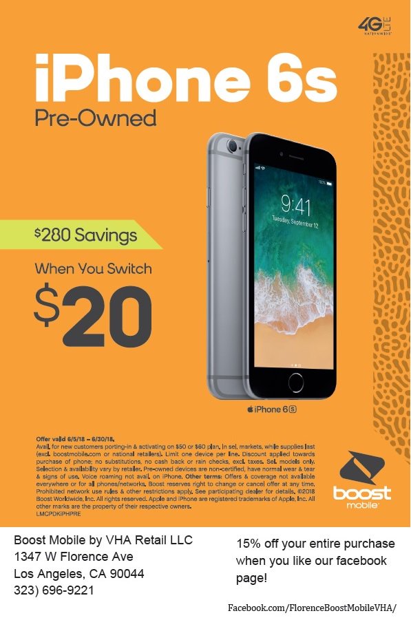 BoostFlorence1's tweet photo. Pre-Owned iPhone 6s for ONLY $20!! Visit us today and get yours before its gone! 1347 W Florence Ave #iPhone6s #MakeTheSwitchToday! #boostmobile https://t.co/KBi5wERvh8