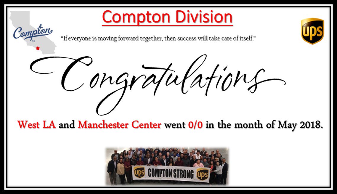 Team West L.A. and Team Manchester went 0/0  through the entire month of May. Congratulations!
#ComptonStrong #ProudUPSers #zerozero #TogetherWeAreUPS