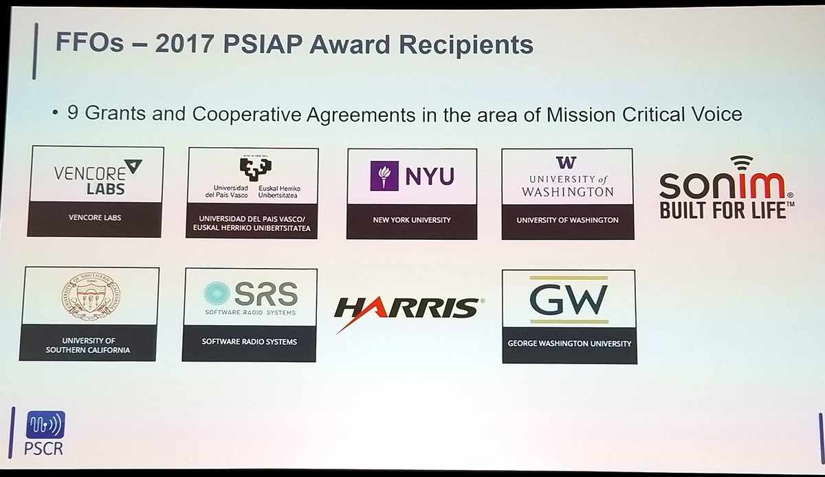 NPSTC's tweet photo. PSCR continues to support public safety with multiple grant awards to accelerate mission critical voice #MCPTT #PSCR2018 https://t.co/RLlWOVTcoy