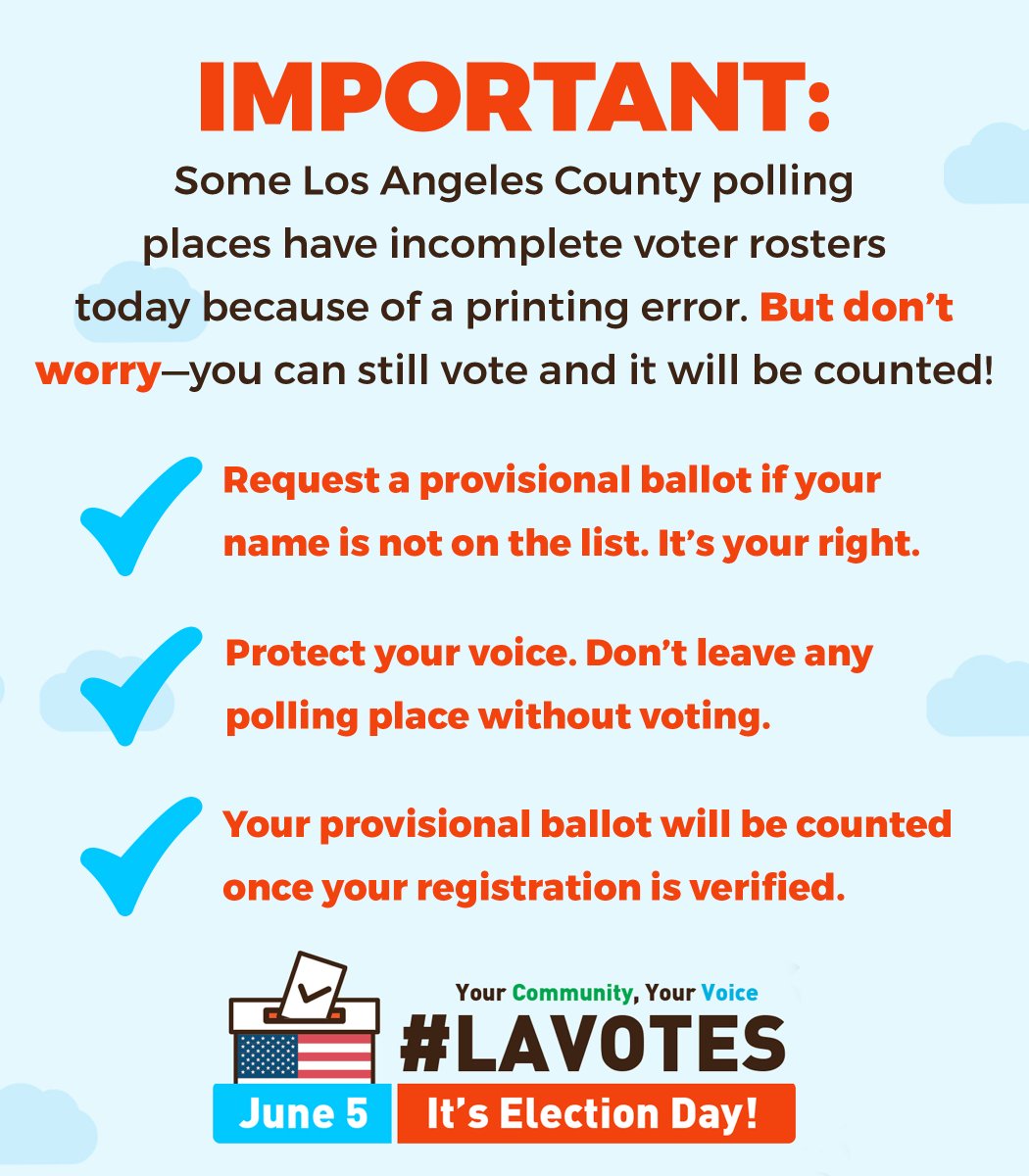 Some Los Angeles County polling places have incomplete voter rosters today because of a printing error. But don’t worry—you can still vote and it will be counted!