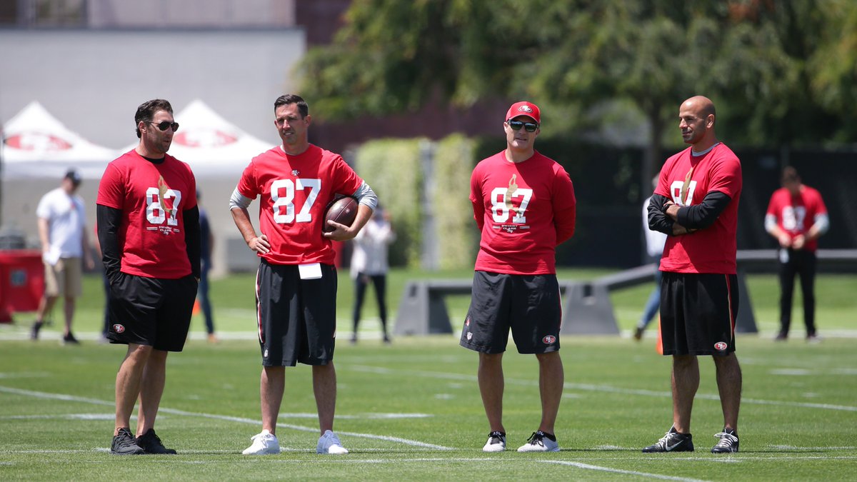 49ers's tweet image. Gone but never forgotten. 

Coaches and front office staff made sure 87 was represented at OTAs today.