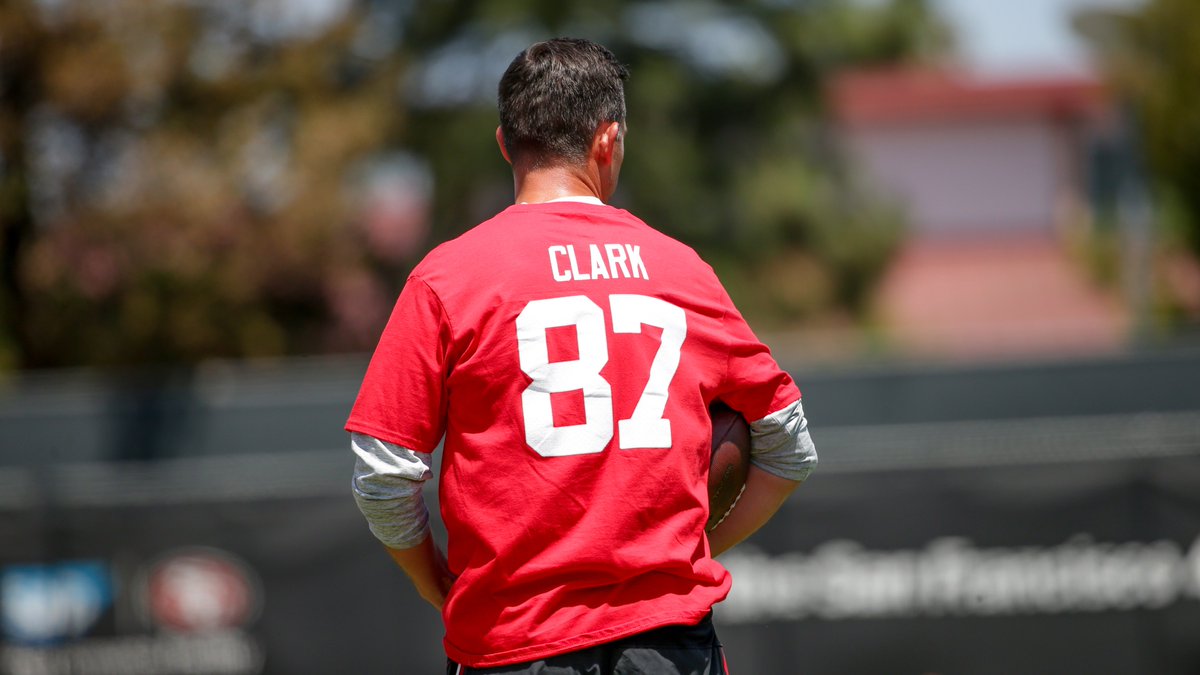 49ers's tweet image. Gone but never forgotten. 

Coaches and front office staff made sure 87 was represented at OTAs today.