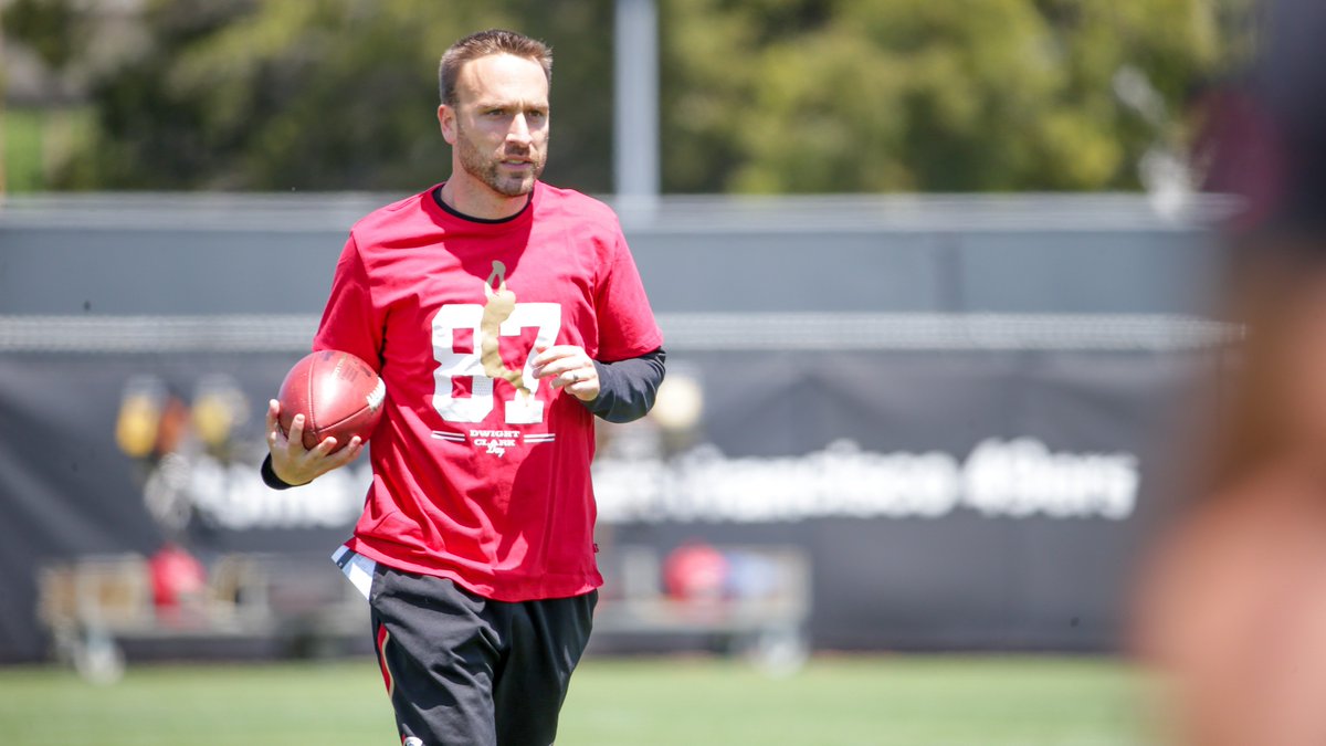 49ers's tweet image. Gone but never forgotten. 

Coaches and front office staff made sure 87 was represented at OTAs today.