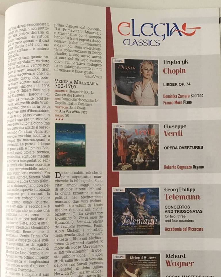 Il disco "Chopin Lieder OP. 74" nelle pagine del magazine Classic Voice 
- Chopin Lieder Op. 74 edito da Elegia Classics 2018
Dominika Zamara soprano
Franco Moro pianoforte
Recording in Pink Sound Studio di Padova Engined Luca Panebianco
#Chopin #lieder #cd